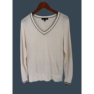Banana Republic Womens Silk Cotton V-Neck Sweater Cream With Black Trim Long Sle